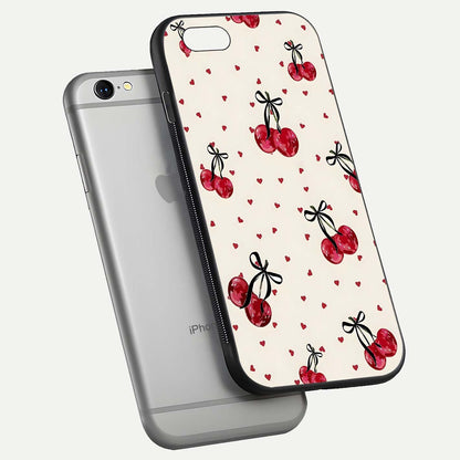 Cherry Heart Bow Glass Case for iPhone 16 Pro floating mockup showing reflection and HD print detail