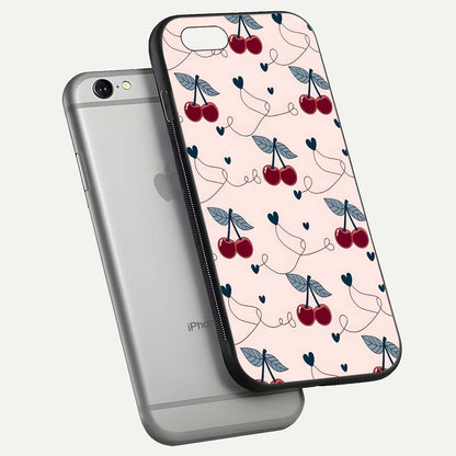Cherry Heart Line Glass Case for iPhone 16 Pro floating mockup showing gloss polish and bright tones