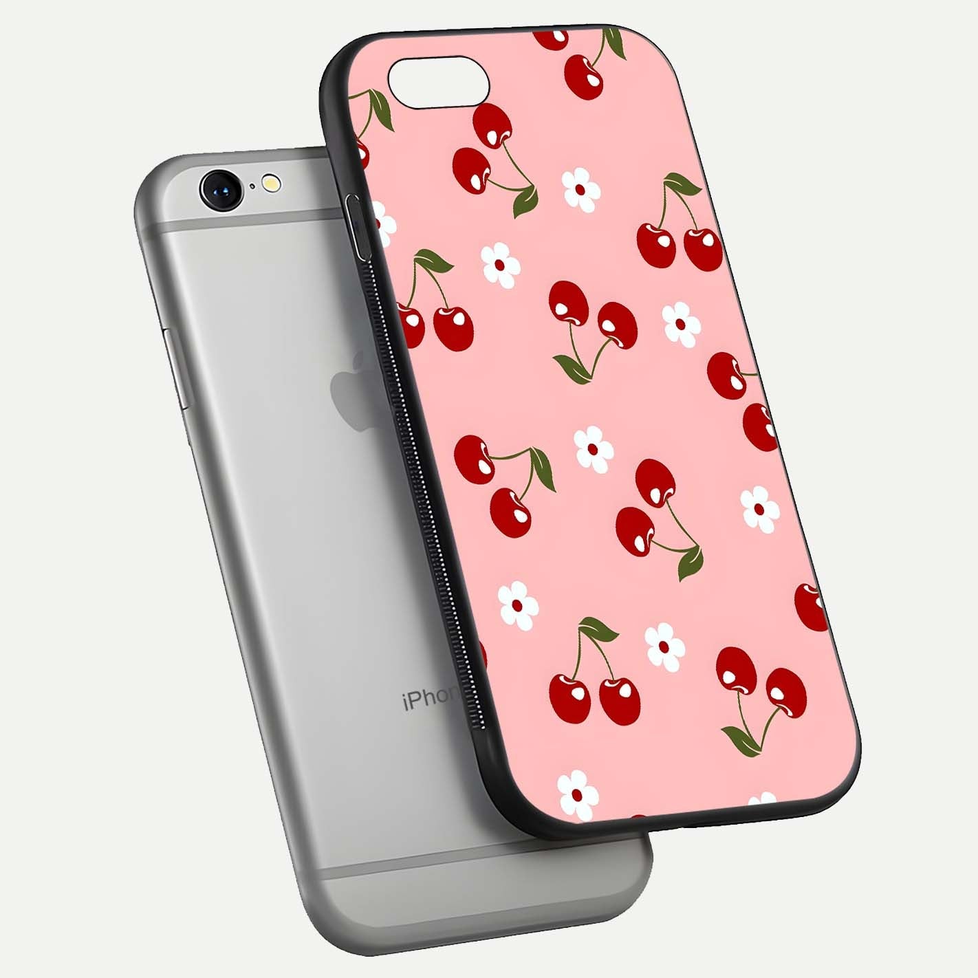 Cherry Love Mood Glass Case for iPhone 16 Pro floating mockup showing HD gloss reflection and red tones