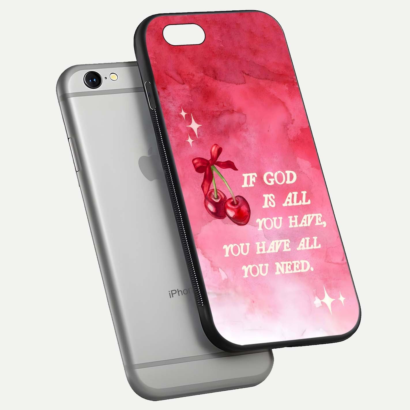 Cherry Quote Glass Case for iPhone 16 Pro floating mockup capturing shine texture and clear typography