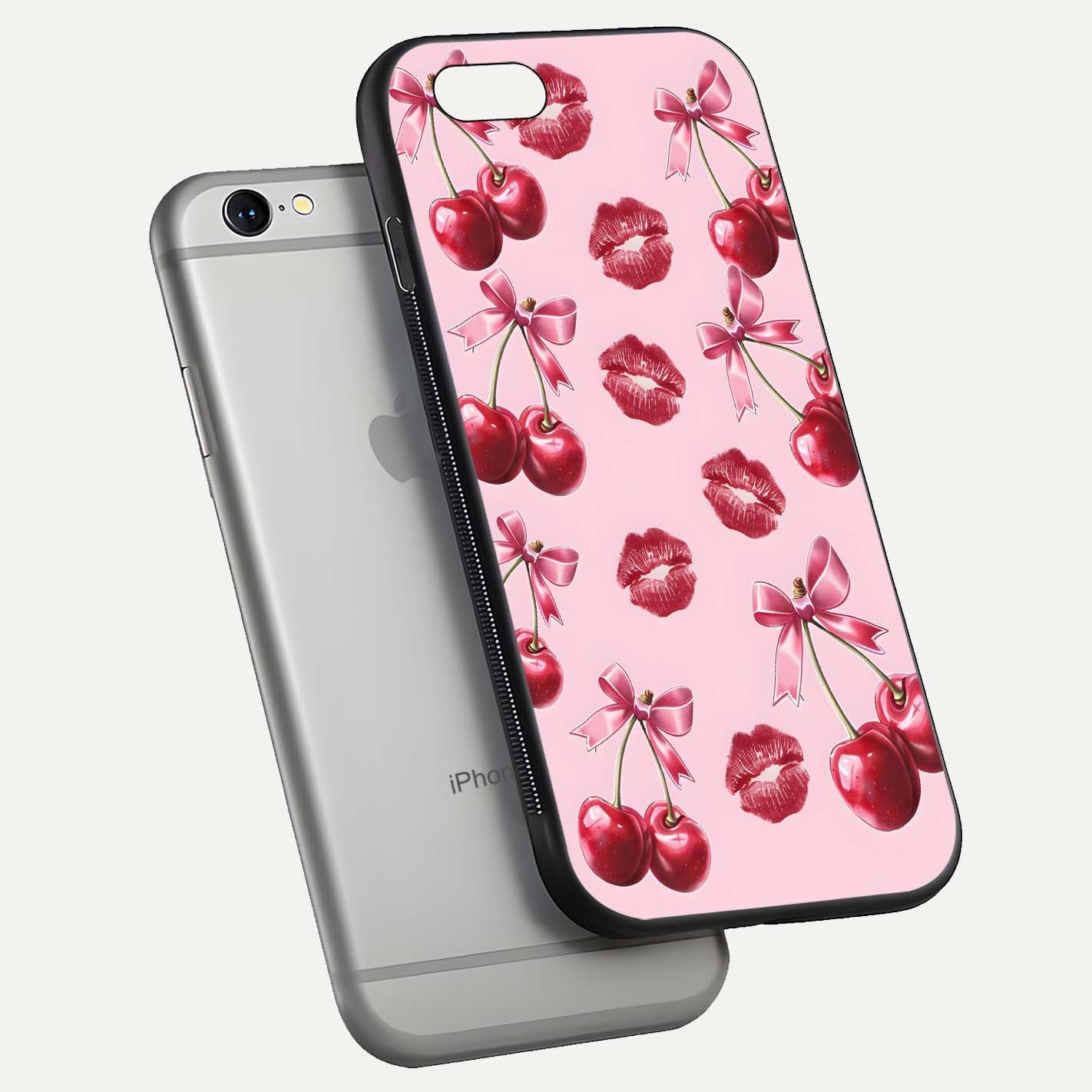 Cherry With Lips Glass Case for iPhone 16 Pro floating mockup showing HD gloss and pop-art inspired tones