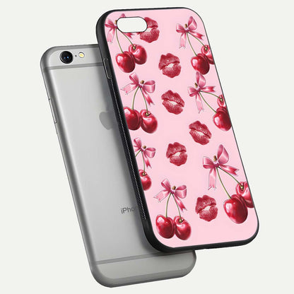 Cherry With Lips Glass Case for iPhone 16 Pro floating mockup showing HD gloss and pop-art inspired tones