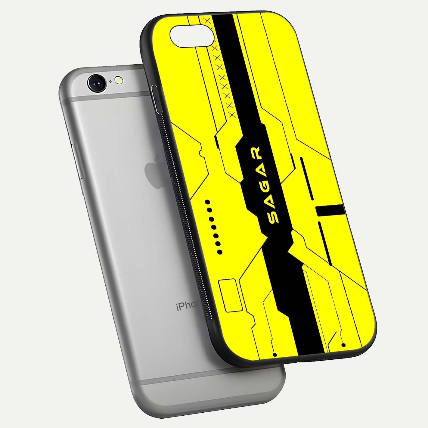 Circuit CYBERPUNK Custom Name Glass Case for iPhone 16 Pro floating mockup capturing glow effects and polished shine