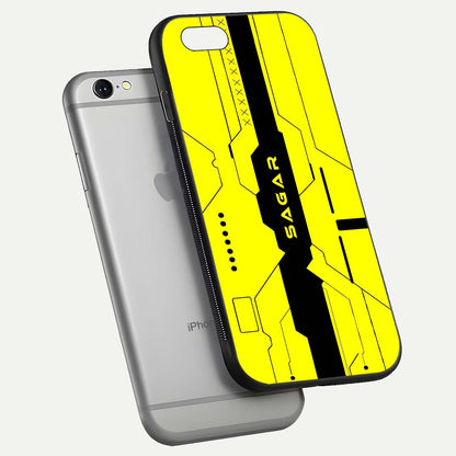 Circuit CYBERPUNK Custom Name Glass Case for iPhone 16 Pro floating mockup capturing glow effects and polished shine