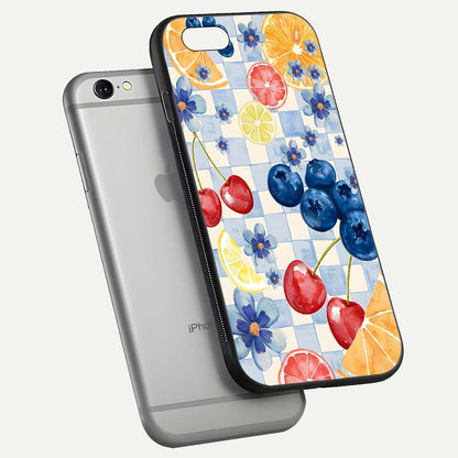 Citrus Bloom Joy Glass Case for iPhone 16 Pro floating mockup showing HD gloss and lively tone
