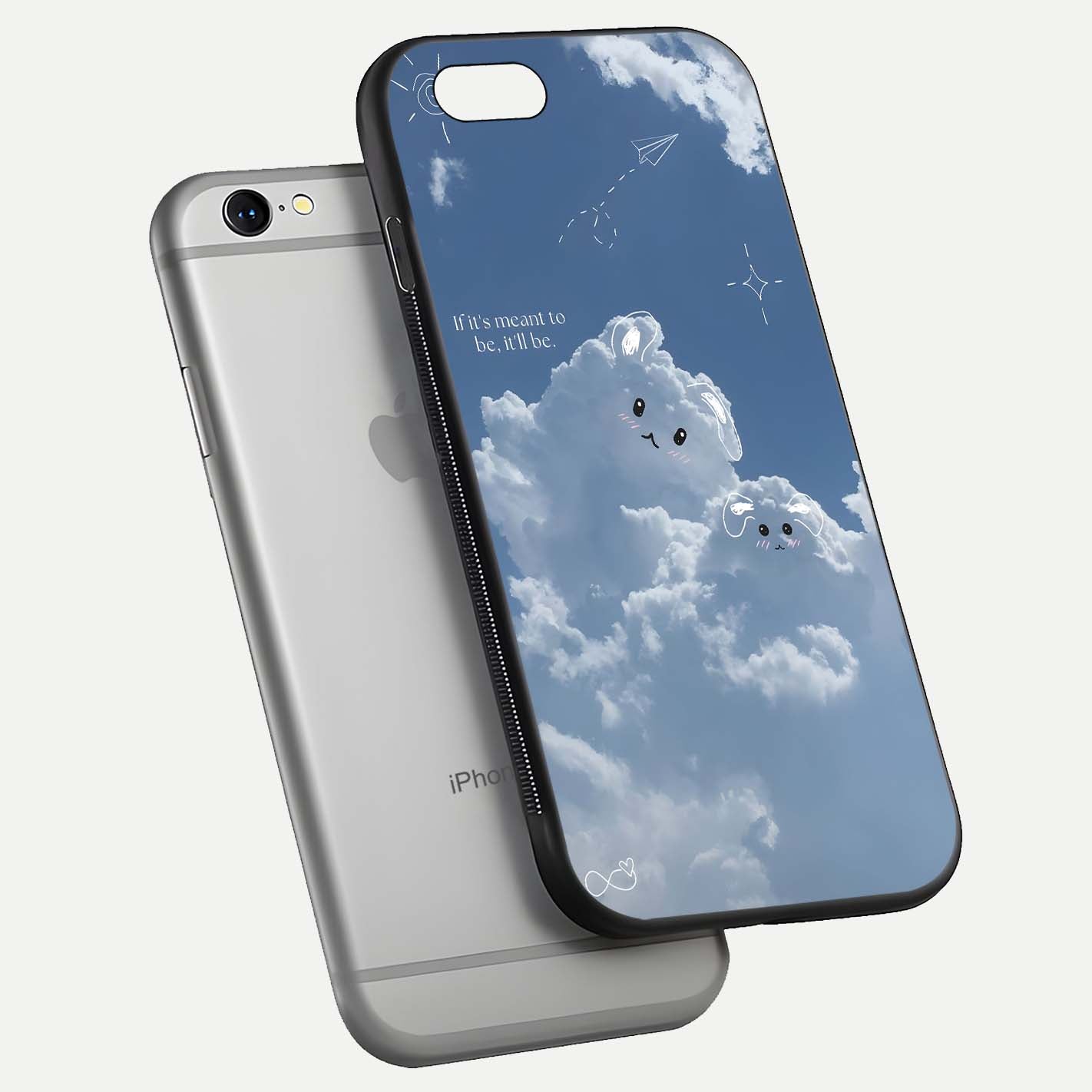 Cloud Bunny Dreams Glass Case for iPhone 16 Pro floating mockup showing soft gradient and gloss reflection