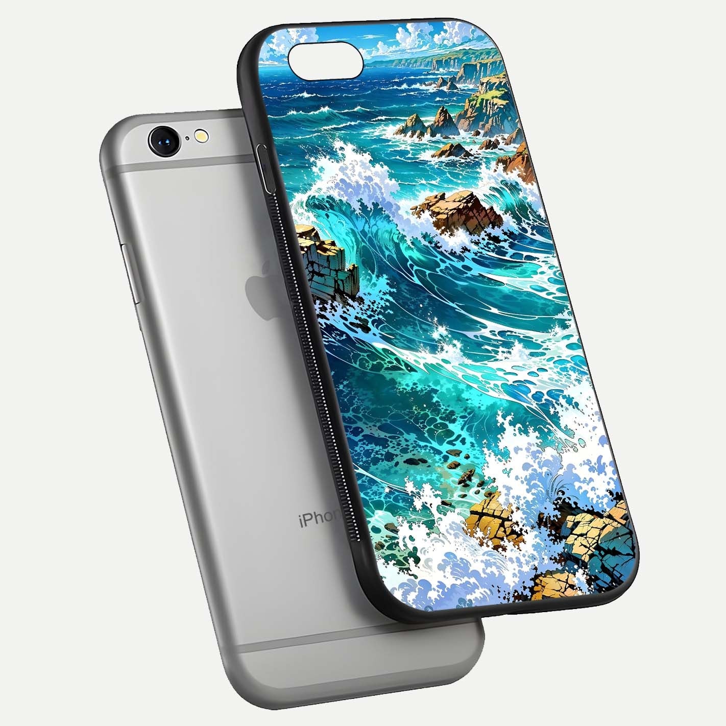 Coastal Blue Waves Glass Case for iPhone 16 Pro floating mockup showing HD reflection and wave details