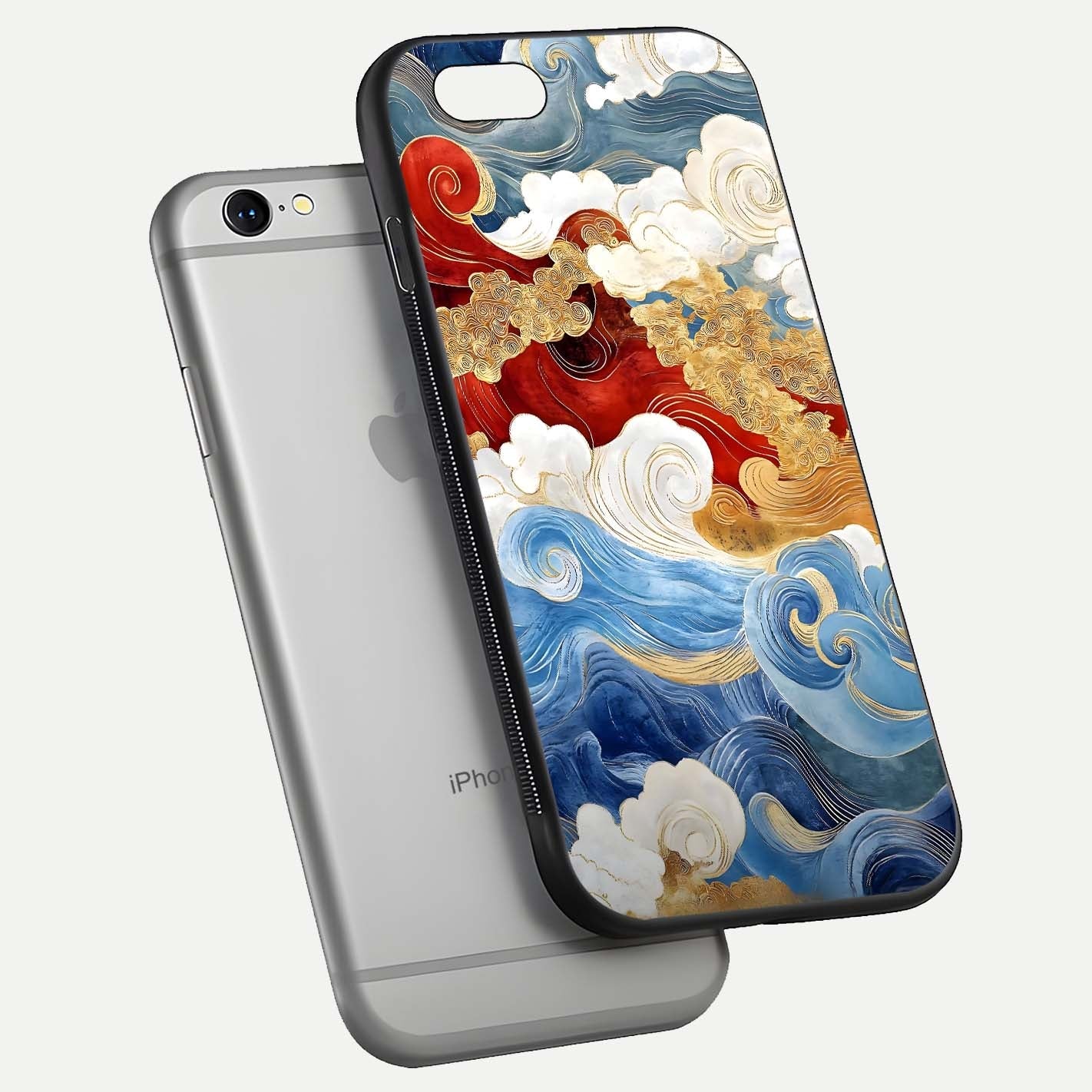 Colored Waves Glass Case for iPhone 16 Pro floating dual-view mockup displaying gloss finish and color contrast