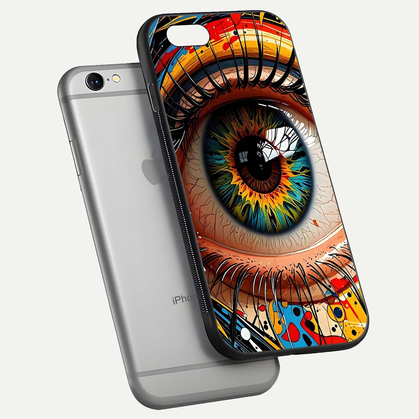Colorful Eye Glass Case for iPhone 16 Pro floating mockup showing bright contrast and gloss clarity