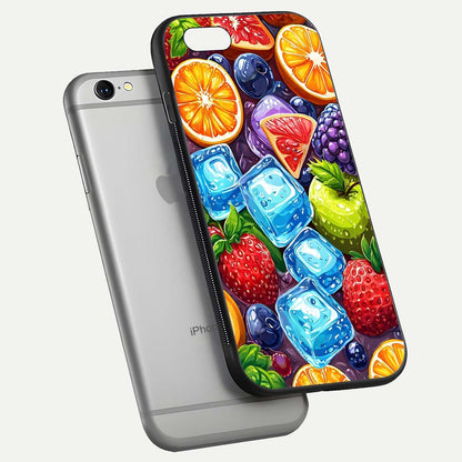 Colorful Fruits with Ice Glass Case for iPhone 16 Pro floating mockup showing bright shine and crystal clarity