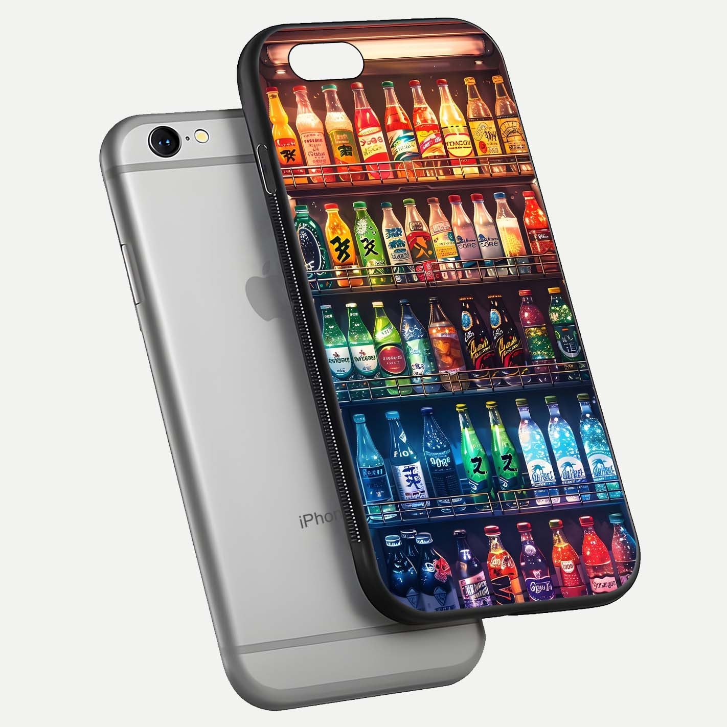 Colorful Soda Bottles Glass Case for iPhone 16 Pro floating mockup showing light reflection and bright gloss