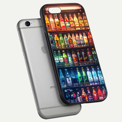Colorful Soda Bottles Glass Case for iPhone 16 Pro floating mockup showing light reflection and bright gloss
