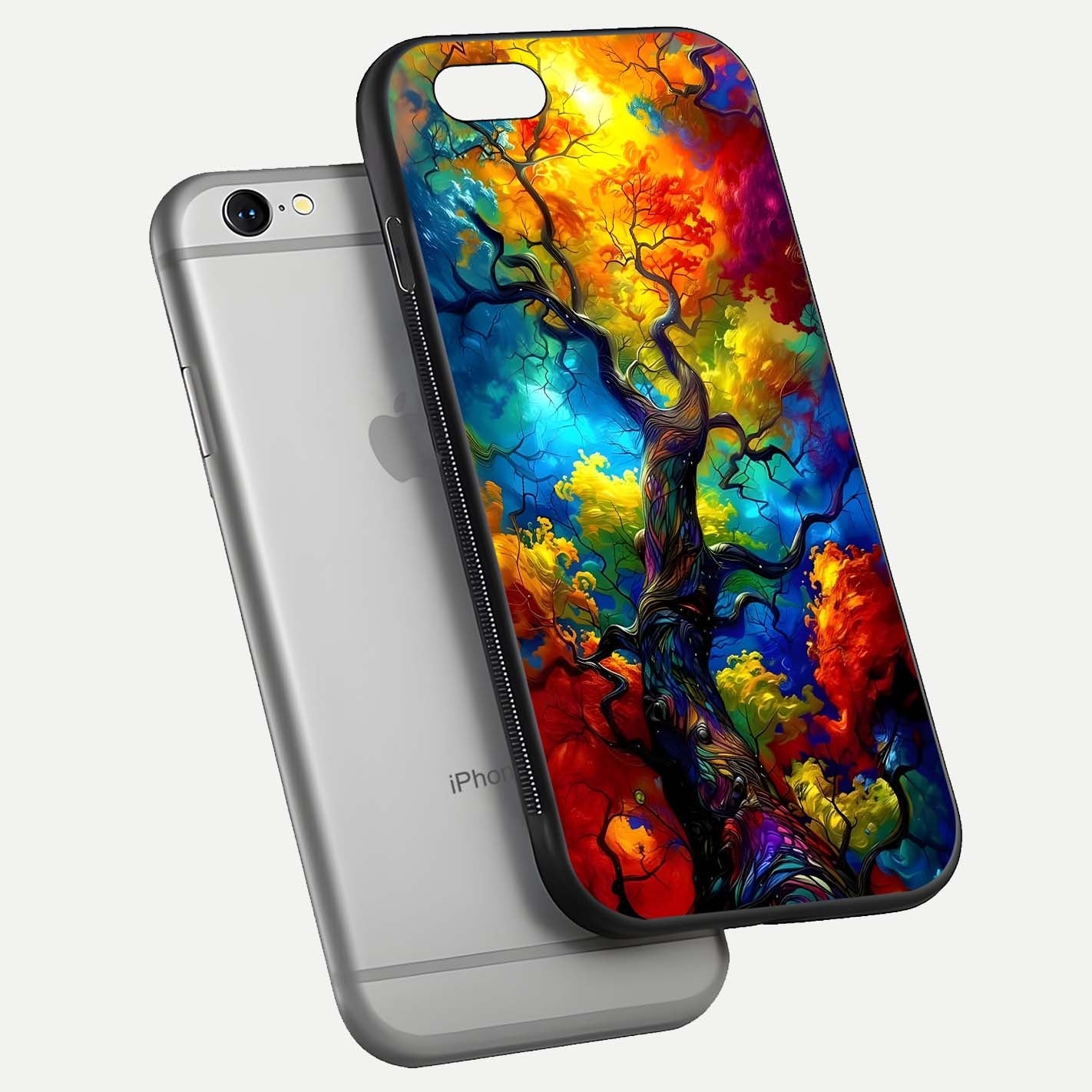 Colorful Tree Glass Case for iPhone 16 Pro floating mockup showing reflection gloss and vivid hues