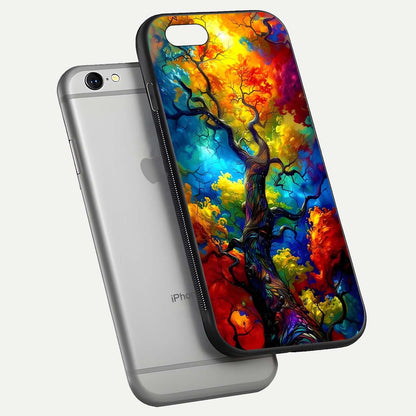 Colorful Tree Glass Case for iPhone 16 Pro floating mockup showing reflection gloss and vivid hues