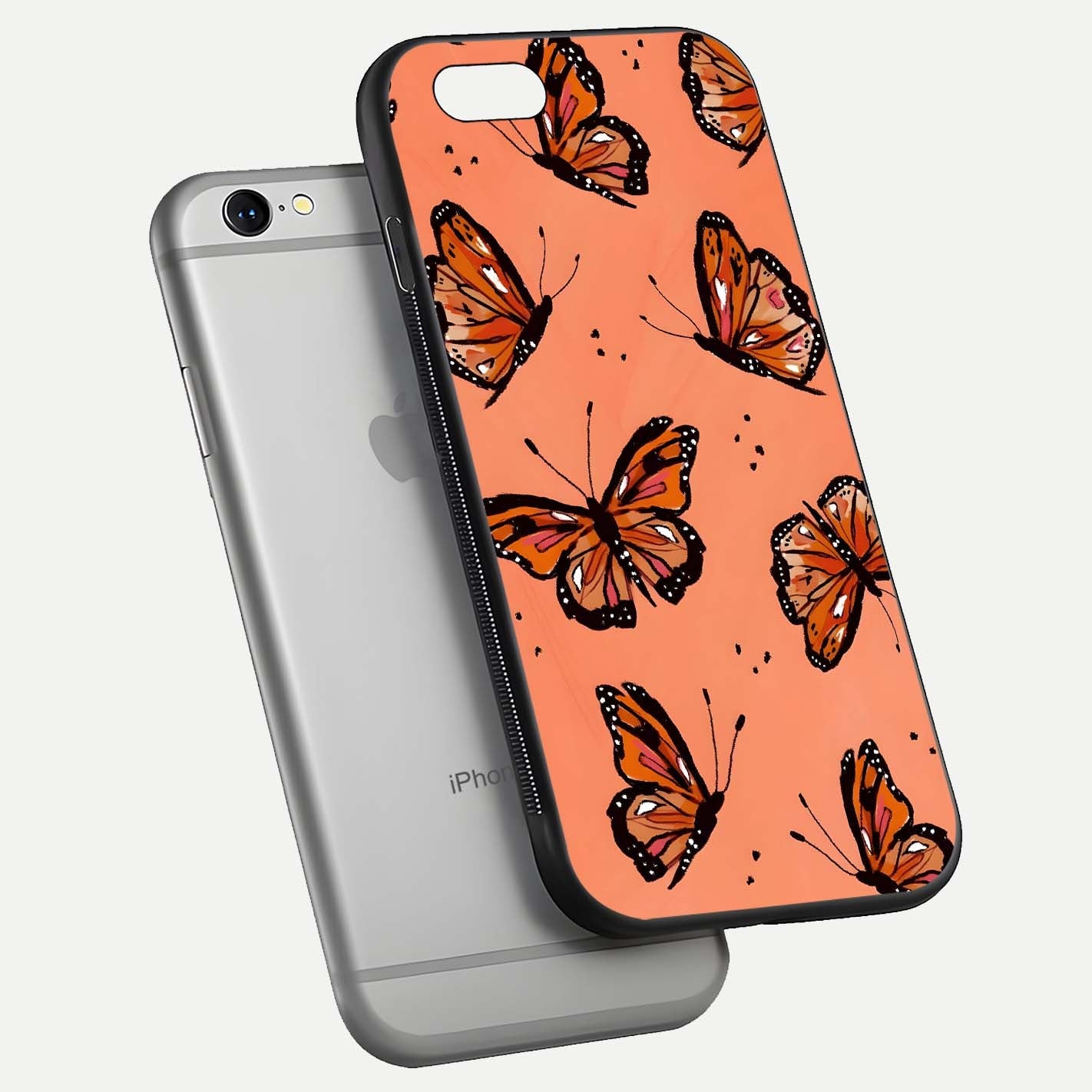 Coral Wing Butterfly Glass Case for iPhone 16 Pro floating mockup showing HD gloss texture and vivid coral color