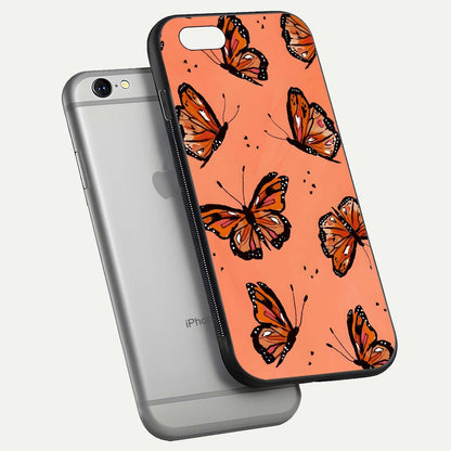 Coral Wing Butterfly Glass Case for iPhone 16 Pro floating mockup showing HD gloss texture and vivid coral color