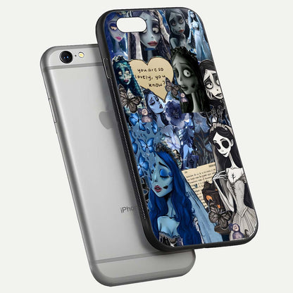 Corpse Bride Posters Glass Case for iPhone 16 Pro floating mockup showing shine texture and clear design