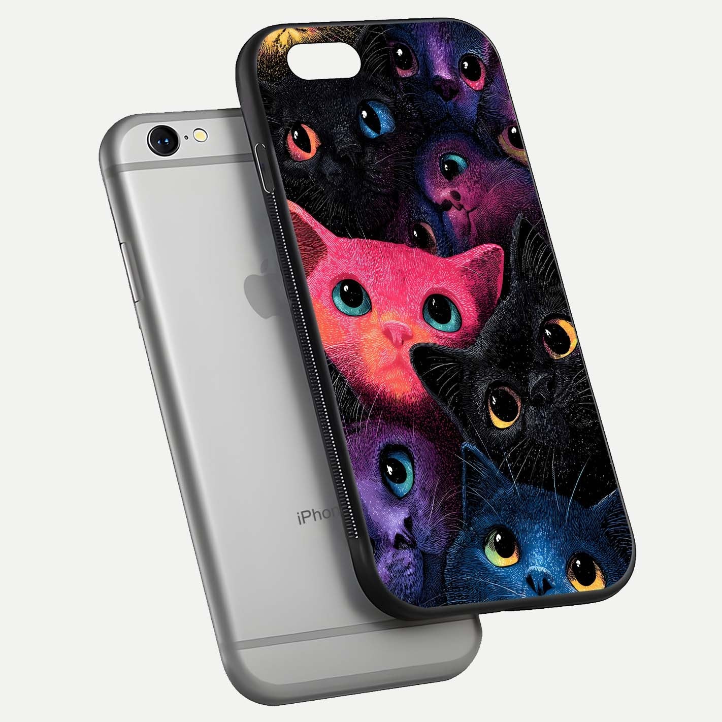 Cosmic Cats Dreams Glass Case for iPhone 16 Pro floating mockup showing star details and polish reflection