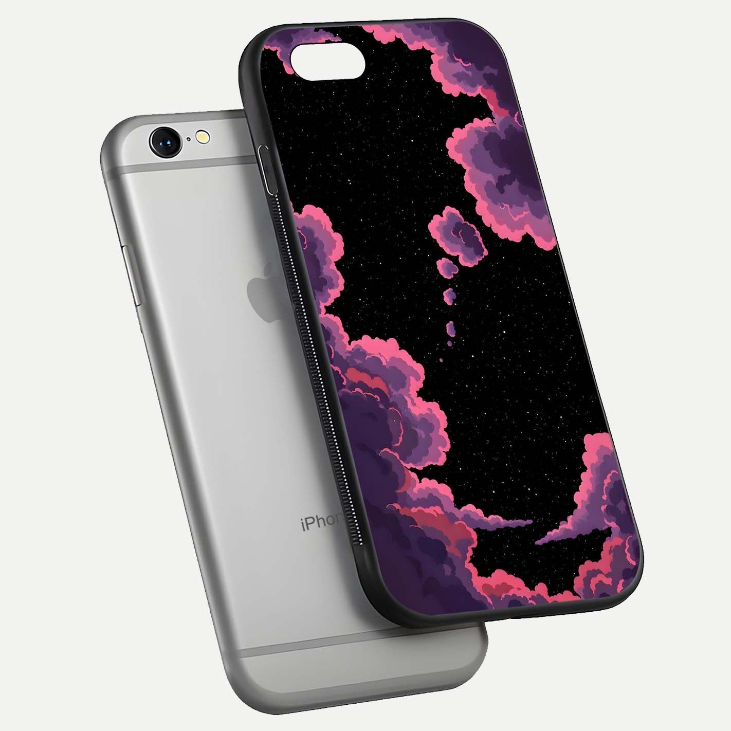Cosmic Cloud Journey Glass Case for iPhone 16 Pro floating mockup showing HD gloss and cosmic gradient