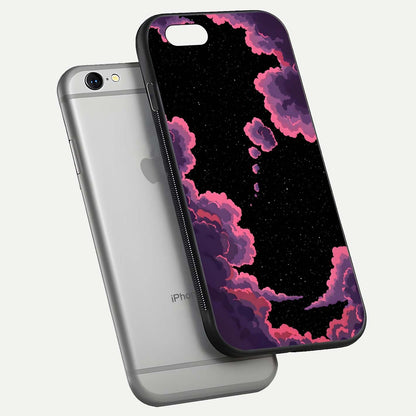 Cosmic Cloud Journey Glass Case for iPhone 16 Pro floating mockup showing HD gloss and cosmic gradient