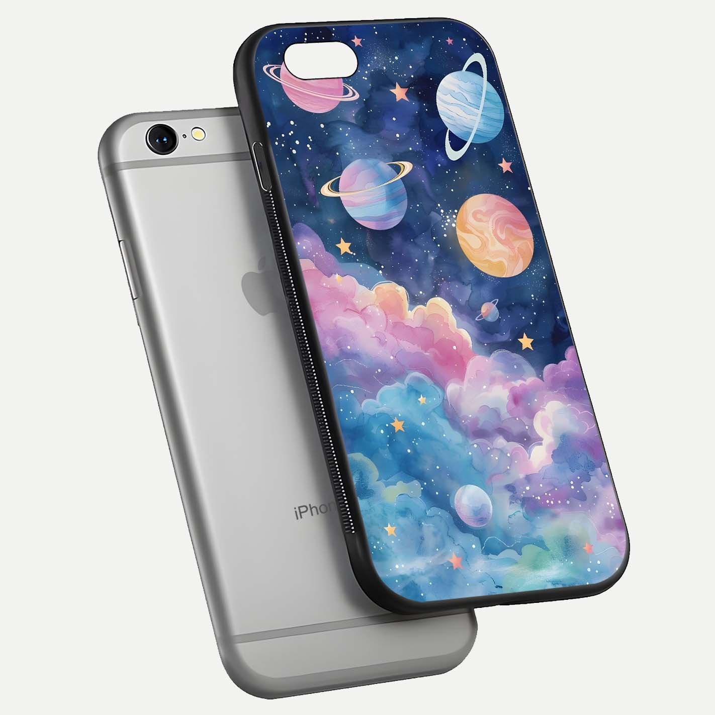 Cosmic Planet Dreams Glass Case for iPhone 16 Pro floating mockup showing HD gloss and cosmic reflection