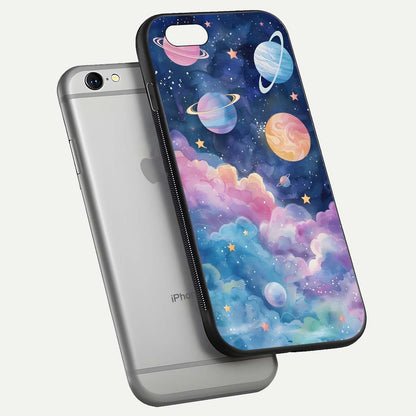Cosmic Planet Dreams Glass Case for iPhone 16 Pro floating mockup showing HD gloss and cosmic reflection