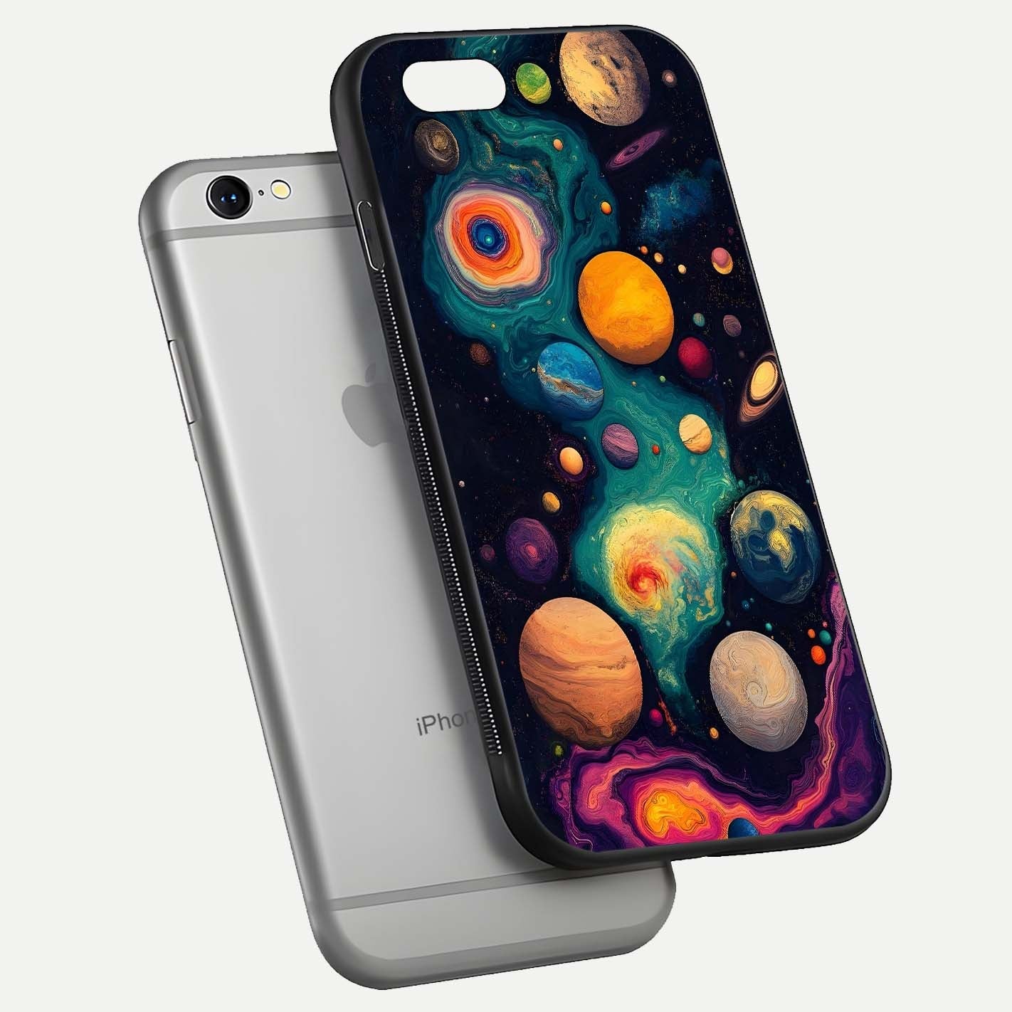 Cosmic Planet Journey Glass Case for iPhone 16 Pro floating mockup showing gloss gradient and deep shine