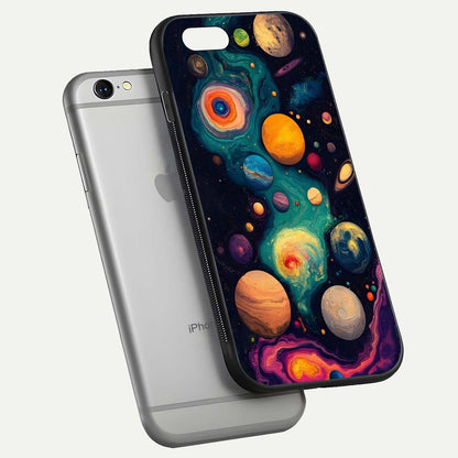Cosmic Planet Journey Glass Case for iPhone 16 Pro floating mockup showing gloss gradient and deep shine