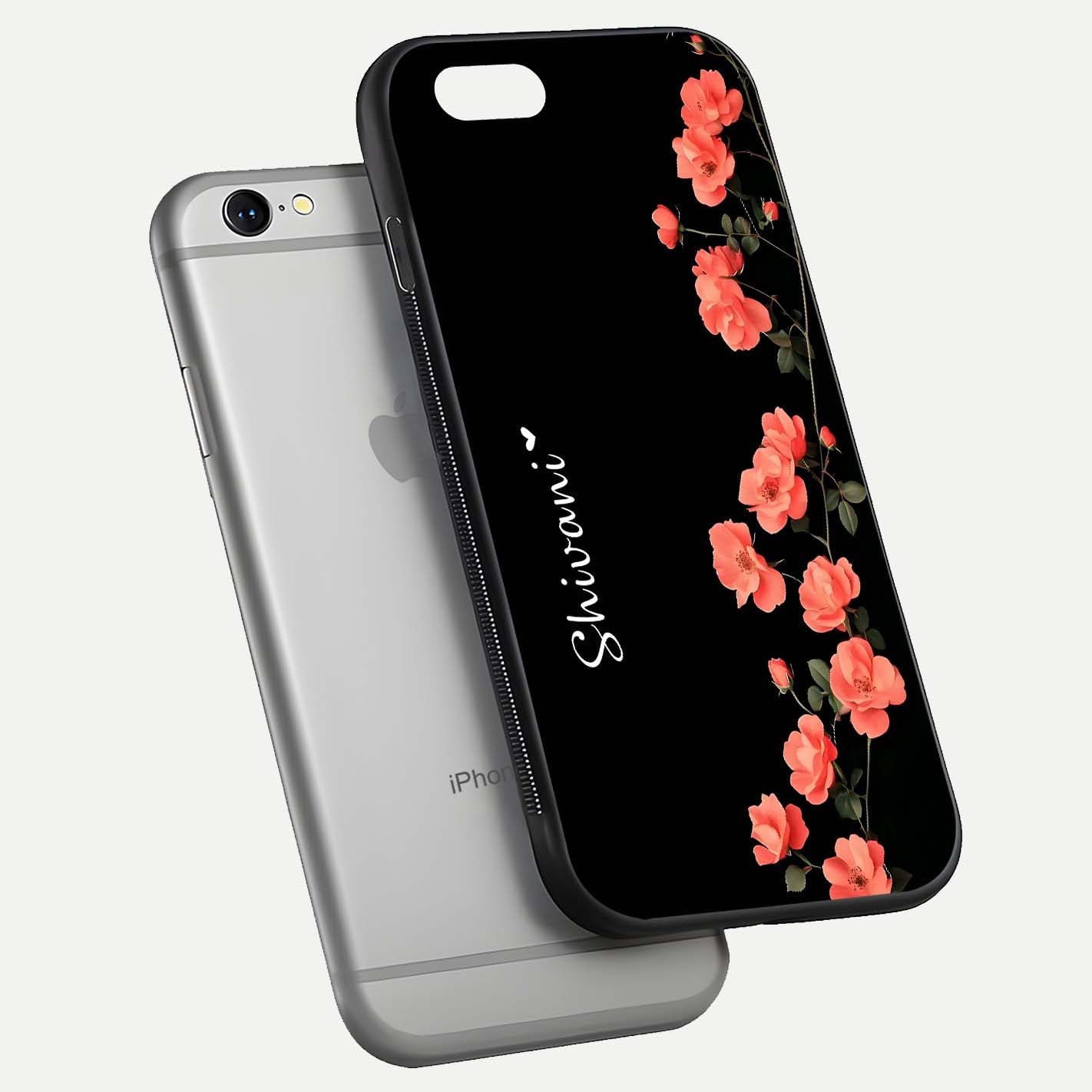 Crimson Bloom Grace Custom Name Glass Case for iPhone 16 Pro floating mockup showing HD gloss and floral tones