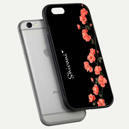 Crimson Bloom Grace Custom Name Glass Case for iPhone 16 Pro floating mockup showing HD gloss and floral tones