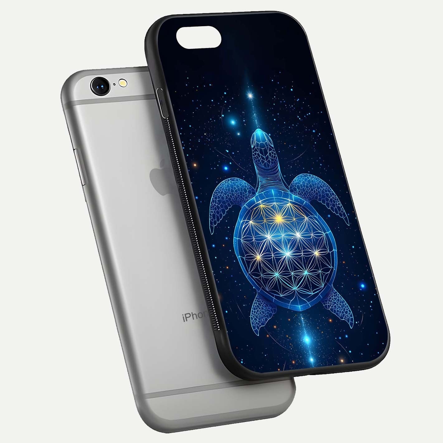 Crimson Blue Turtle Glass Case for iPhone 16 Pro floating mockup showing reflection polish and deep hues