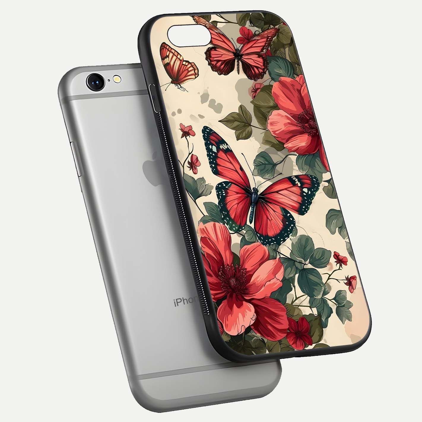 Crimson Butterfly Garden Glass Case for iPhone 16 Pro floating mockup showing HD gloss and vivid art