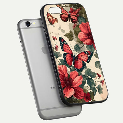 Crimson Butterfly Garden Glass Case for iPhone 16 Pro floating mockup showing HD gloss and vivid art