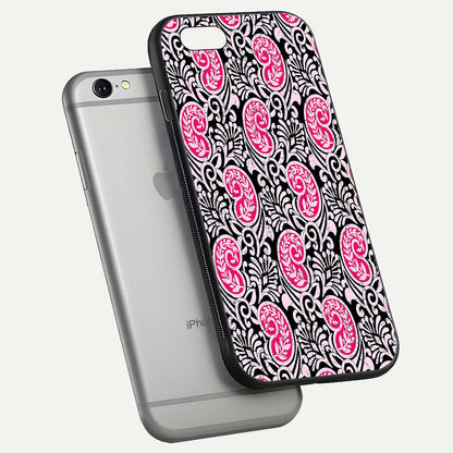 Crimson Paisley Charm Glass Case for iPhone 16 Pro floating mockup showing gloss shine and texture clarity