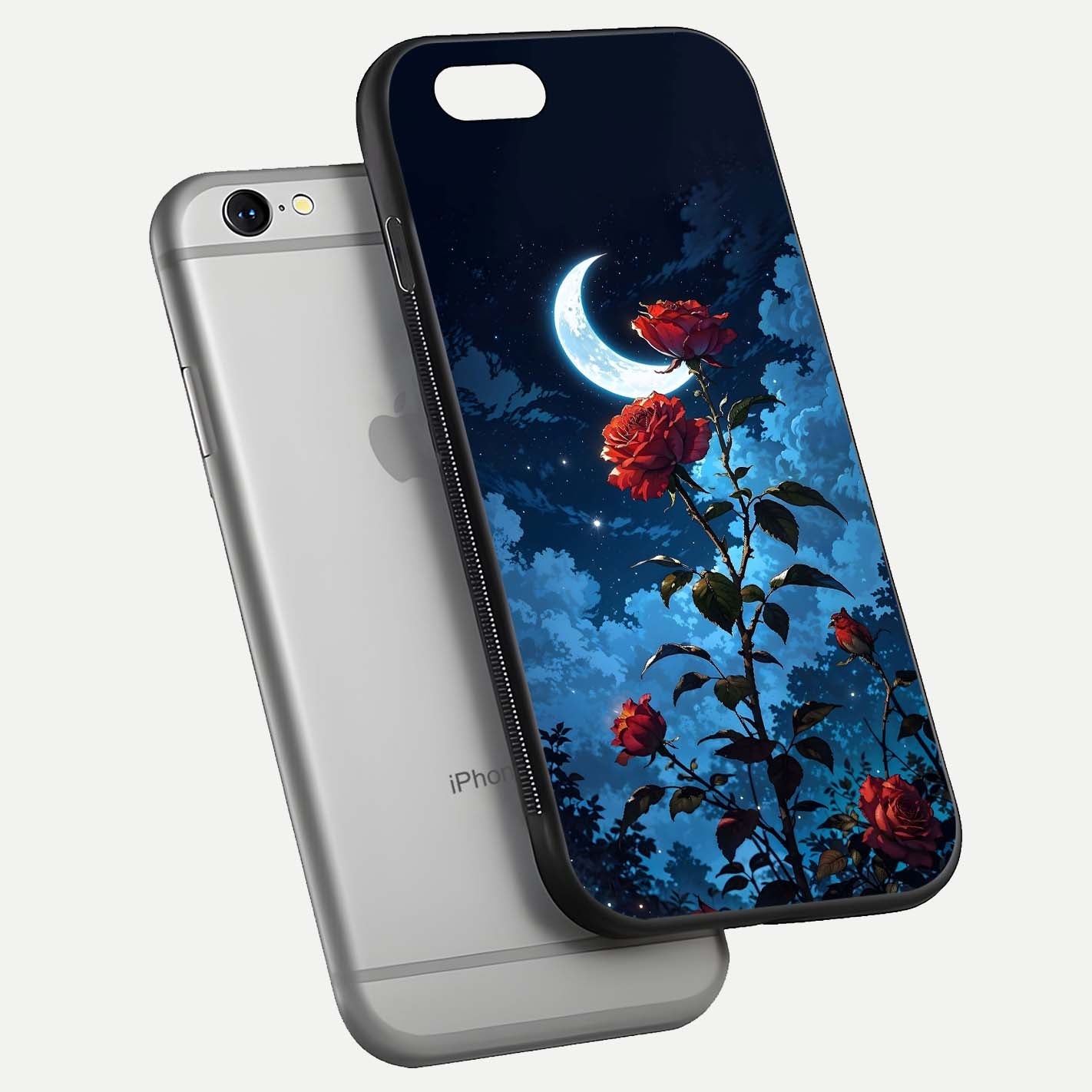Crimson Rose Moon Glass Case for iPhone 16 Pro floating mockup showing HD shine and elegant contrast