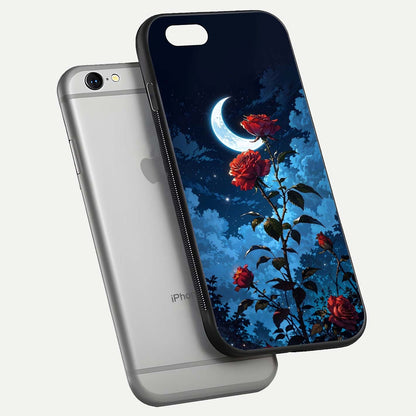 Crimson Rose Moon Glass Case for iPhone 16 Pro floating mockup showing HD shine and elegant contrast