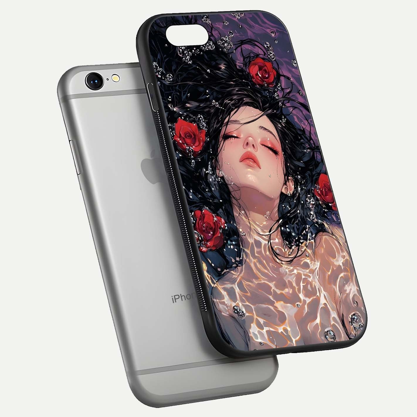 Crimson Rose Serenity Glass Case for iPhone 16 Pro floating mockup showing HD gloss and floral texture