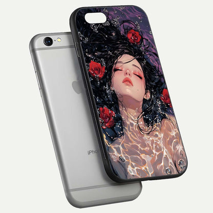 Crimson Rose Serenity Glass Case for iPhone 16 Pro floating mockup showing HD gloss and floral texture