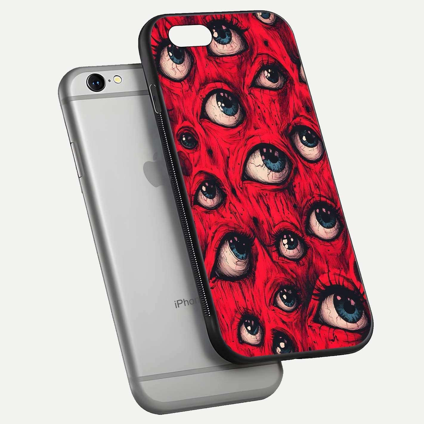 Crimson Watch Eyes Glass Case for iPhone 16 Pro floating mockup showing HD polish and bright gloss