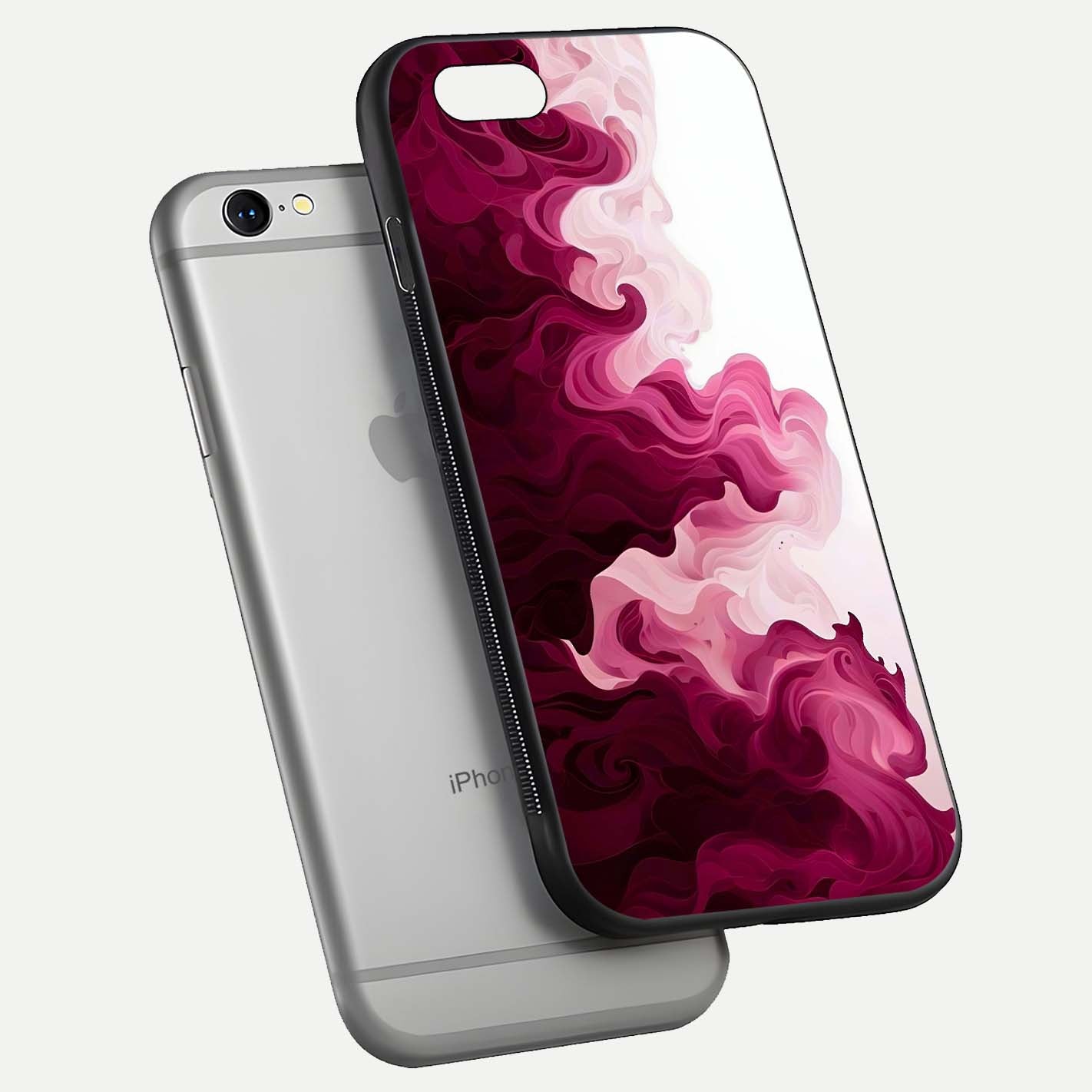 Crimson Wave Flow Glass Case for iPhone 16 Pro floating mockup showing gloss shine and smooth edge