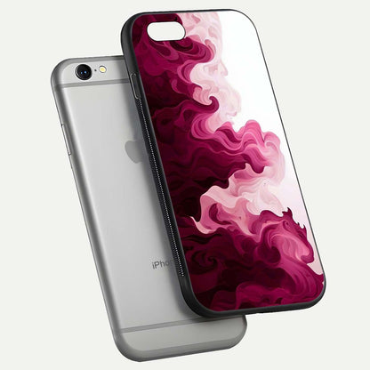 Crimson Wave Flow Glass Case for iPhone 16 Pro floating mockup showing gloss shine and smooth edge
