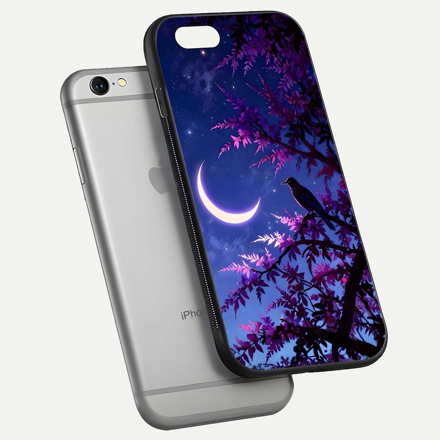 Crow & Moon Scenery Glass Case for iPhone 16 Pro floating mockup showing HD gloss texture and soft moonlight glow