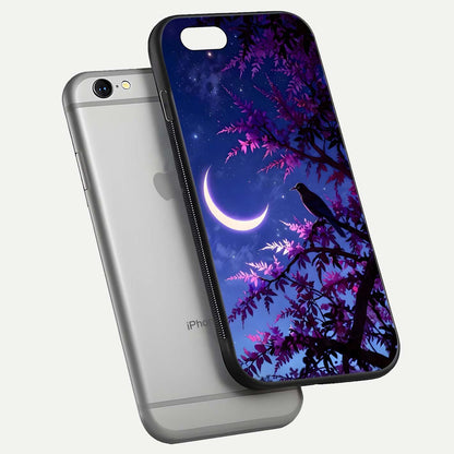 Crow & Moon Scenery Glass Case for iPhone 16 Pro floating mockup showing HD gloss texture and soft moonlight glow