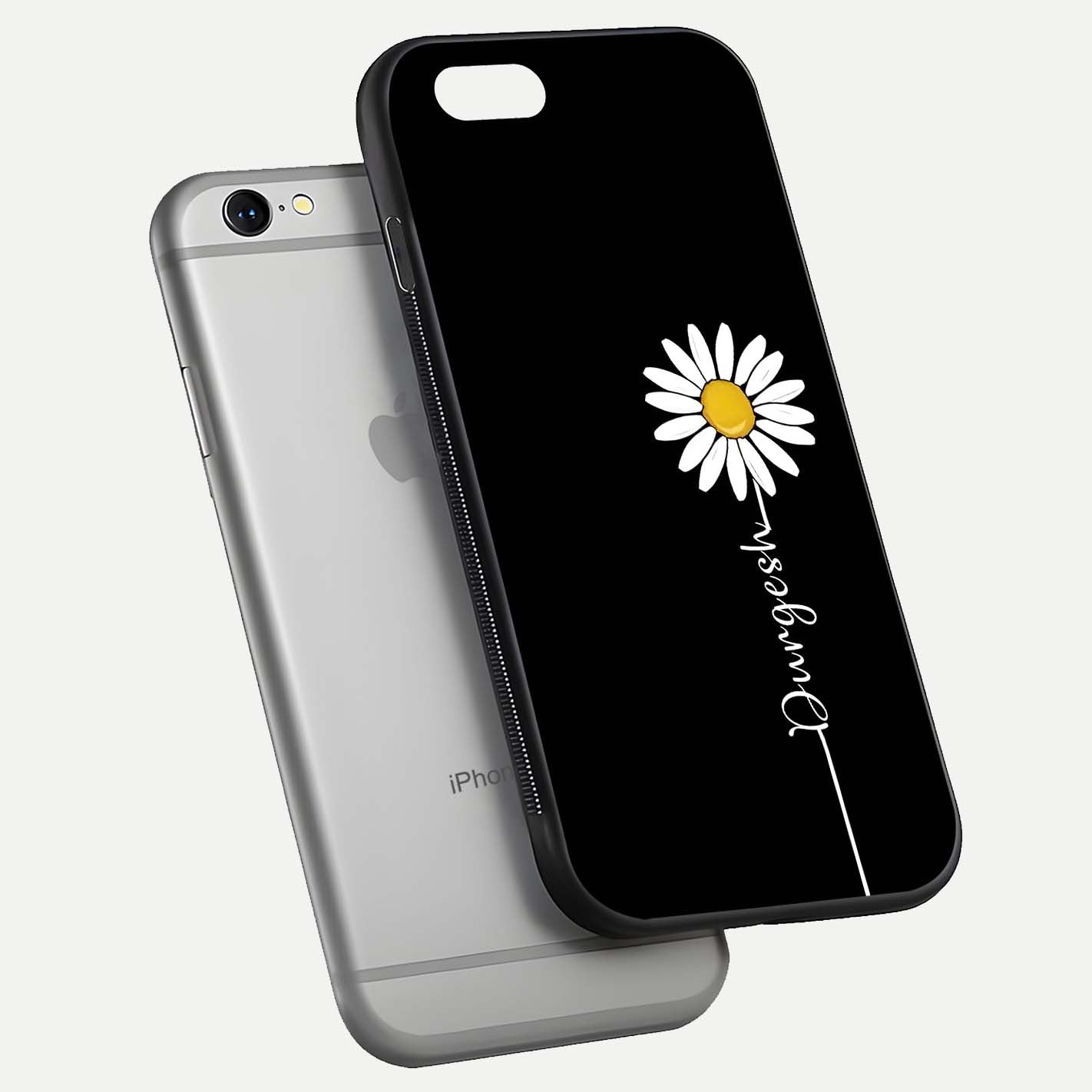 Custom Name White Flower Glass Case for iPhone 16 Pro floating mockup displaying HD gloss and delicate texture