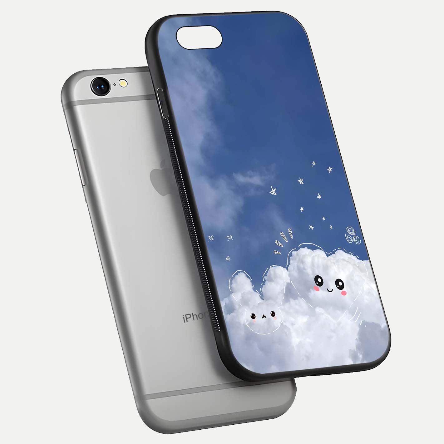 Cute Blossom Cloud Glass Case for iPhone 16 Pro floating mockup showing HD shine and soft gradient finish