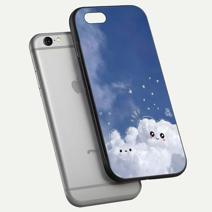 Cute Blossom Cloud Glass Case for iPhone 16 Pro floating mockup showing HD shine and soft gradient finish