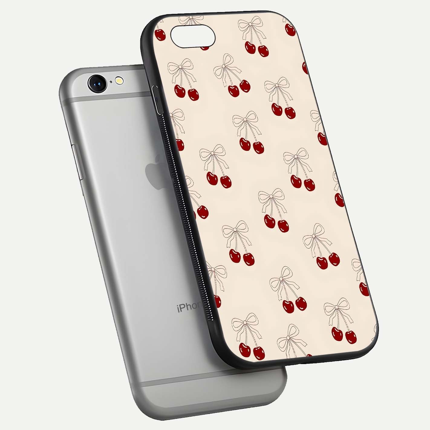 Cute Cherry Pattern Glass Case for iPhone 16 Pro floating mockup showing HD gloss shine and clear tones