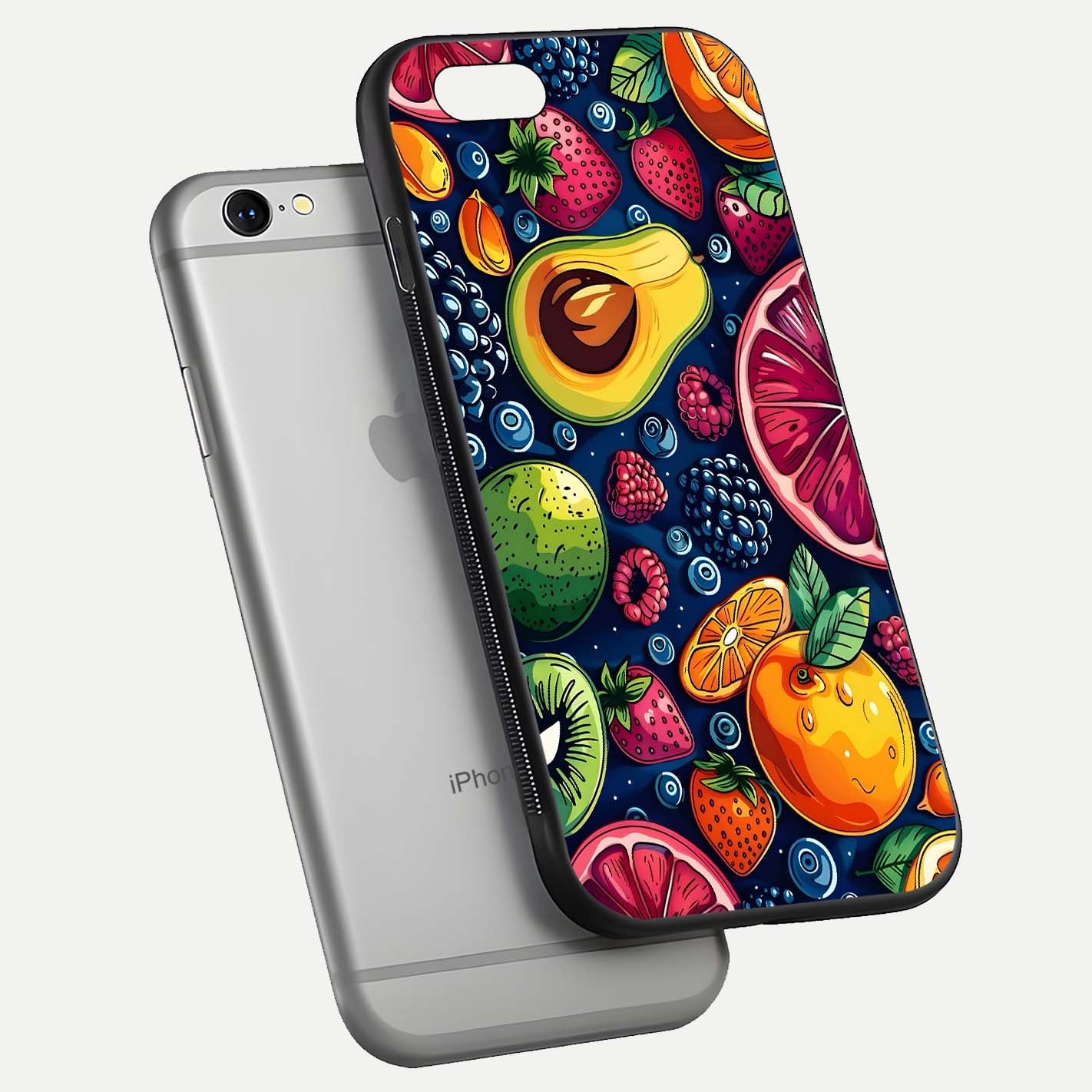 Cute Fruits Art Glass Case for iPhone 16 Pro floating mockup showing gloss brightness and vivid artwork