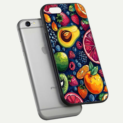 Cute Fruits Art Glass Case for iPhone 16 Pro floating mockup showing gloss brightness and vivid artwork