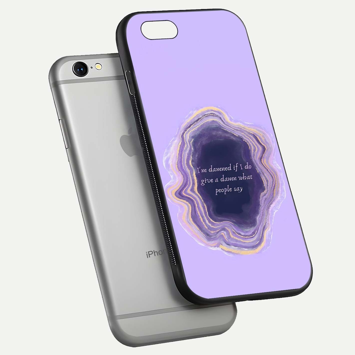 Damned People Quote Glass Case for iPhone 16 Pro floating mockup showing gloss reflection and text balance